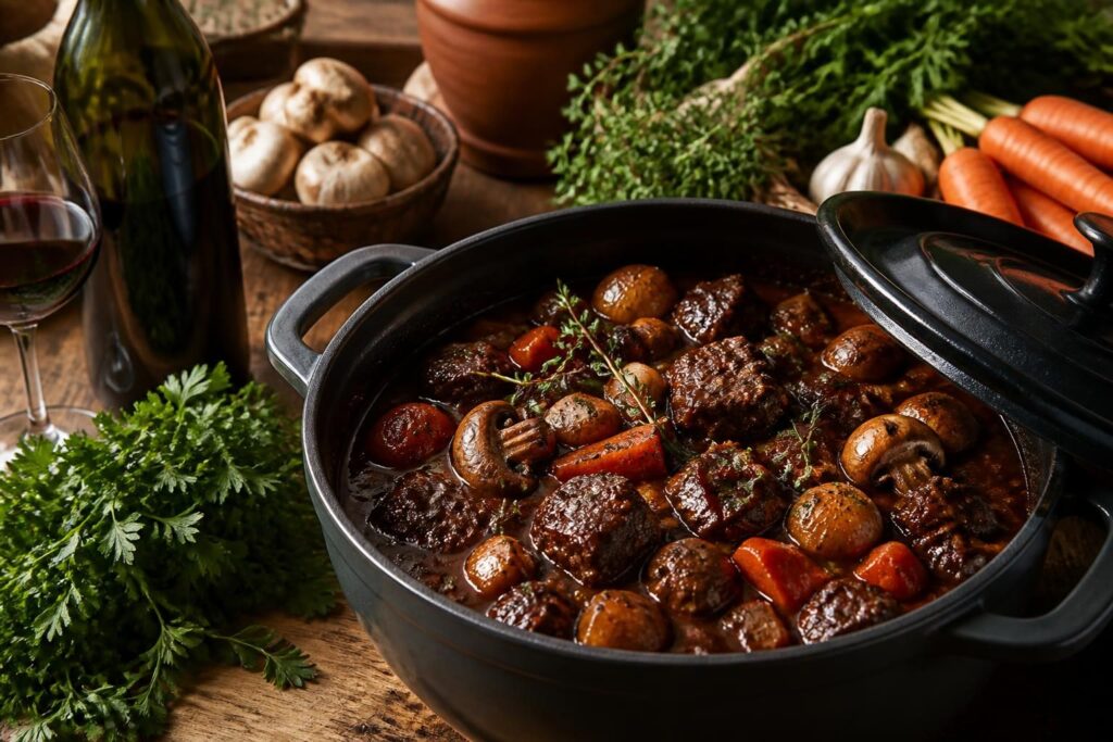 découvrez la recette traditionnelle du bœuf bourguignon, un plat mijoté lentement pour des saveurs riches et authentiques. suivez notre guide pas à pas pour réussir ce classique de la cuisine française.