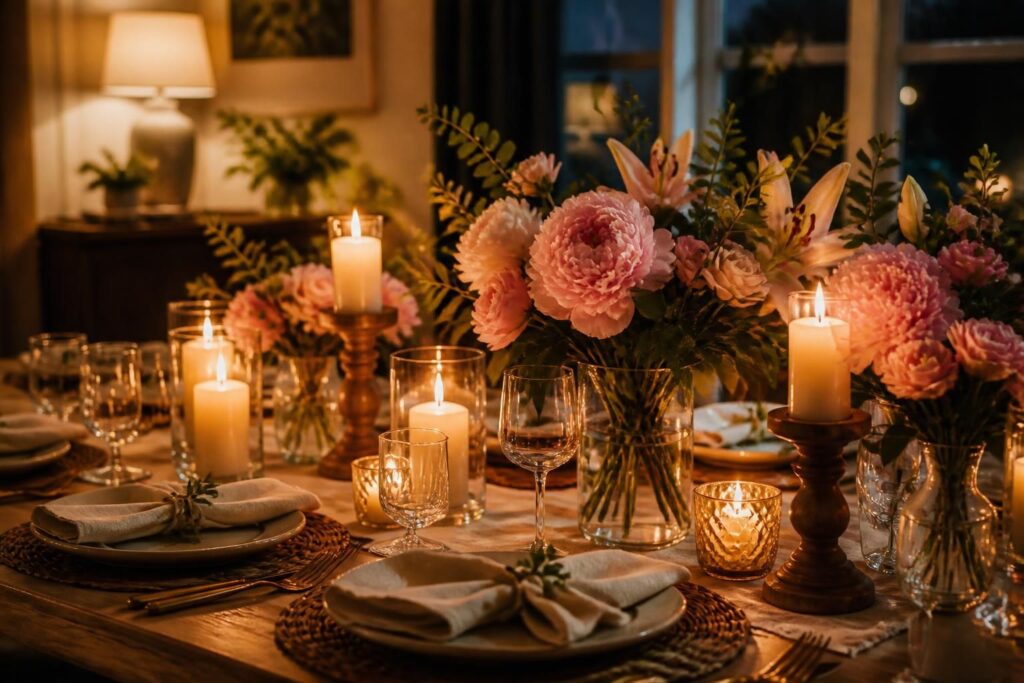 découvrez comment créer une table conviviale en harmonie avec des bougies, des fleurs et une lumière chaleureuse pour des moments inoubliables.
