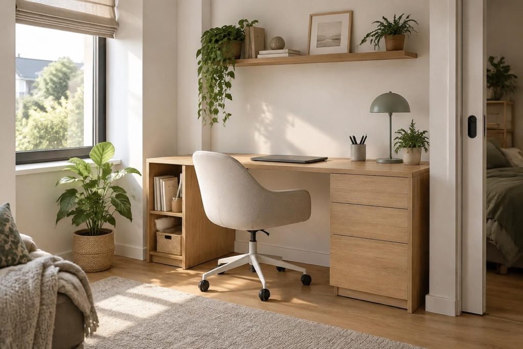 Bureau design moderne en bois avec rangement pour optimiser les petits espaces